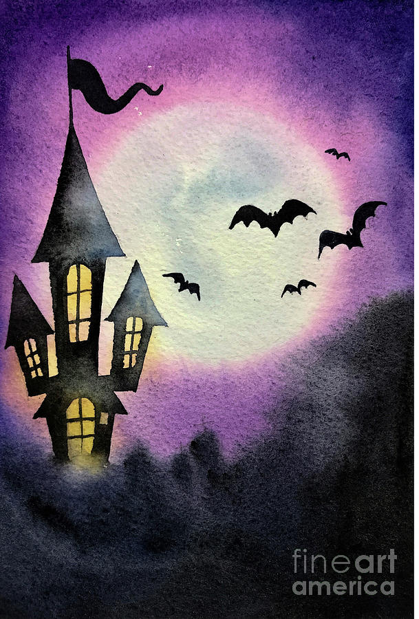 Halloween Haunted House, Creepy Spooky Mansion Digital Art by Amusing DesignCo