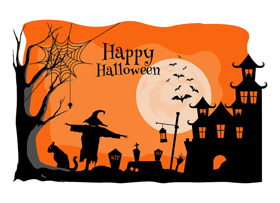 Hocus Pocus Drawing - Halloween Horror Illustration, Halloween Spooky Night Full Moon And Haunted Castle, Halloween Moon by Mounir Khalfouf