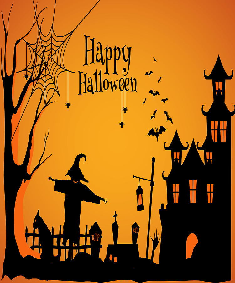Halloween illustration with silhouette of castle and dead trees near ...