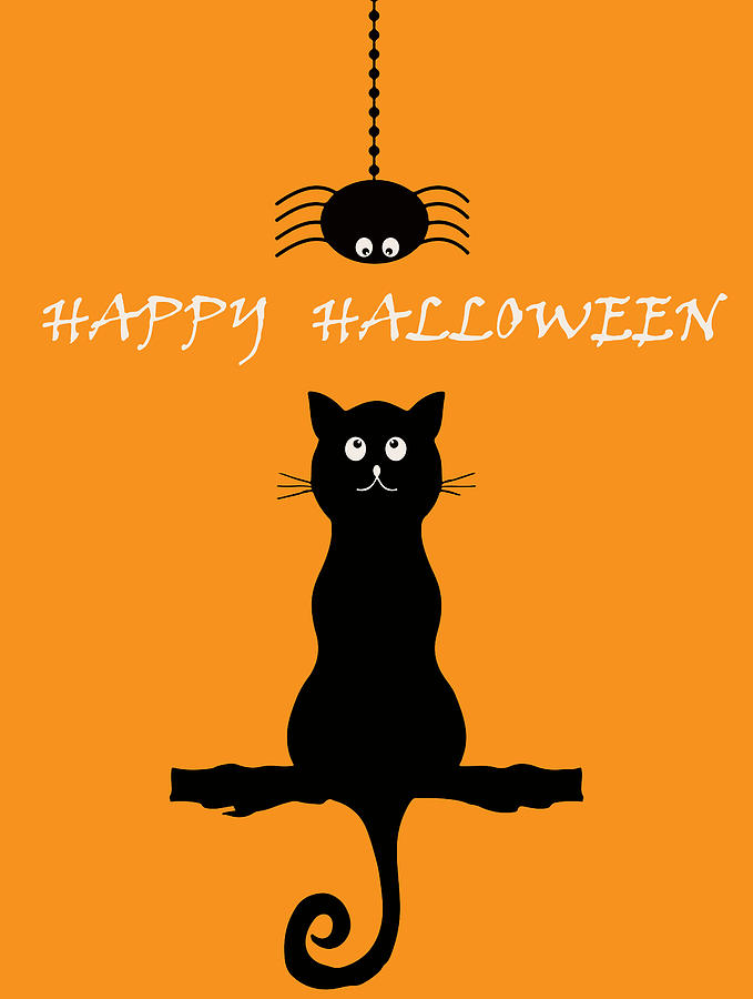 Halloween Drawing - Halloween Kids, Black Cat And Spider, Halloween by Mounir Khalfouf