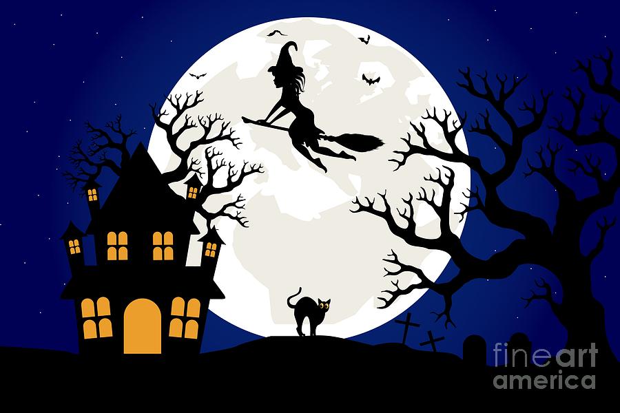 Halloween Landscape Witch On Broom Digital Art by Amusing DesignCo