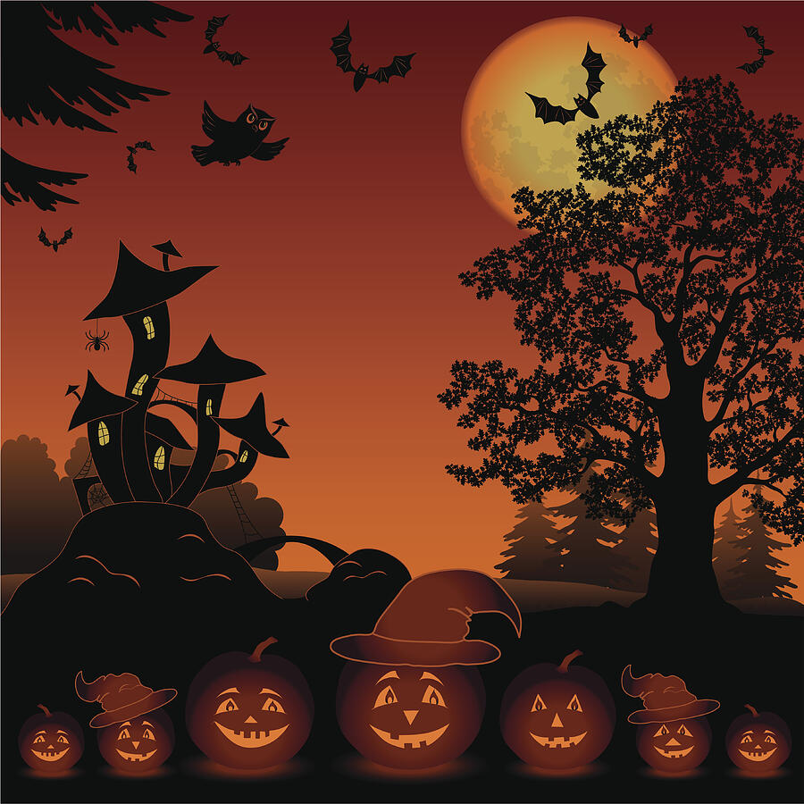 Halloween landscape with pumpkins Jack-o-lantern Drawing by Ok-sana