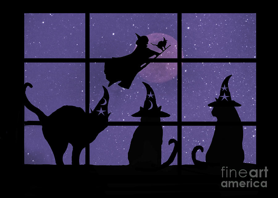 Halloween Magic Black Cats in Window with Witch Photograph by Stephanie Laird