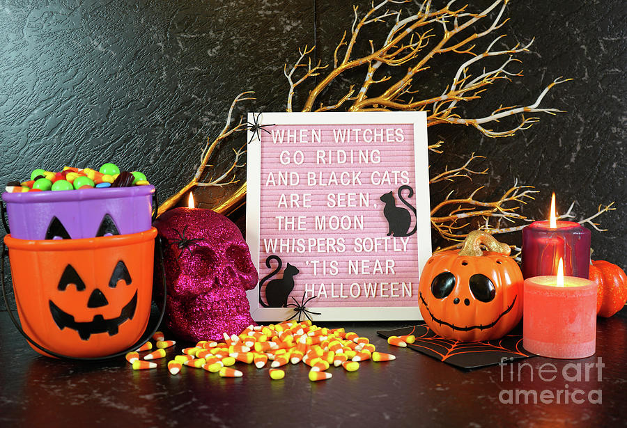 Halloween Photograph - Halloween mantel table centerpiece with Halloween poem letter board. by Milleflore Images