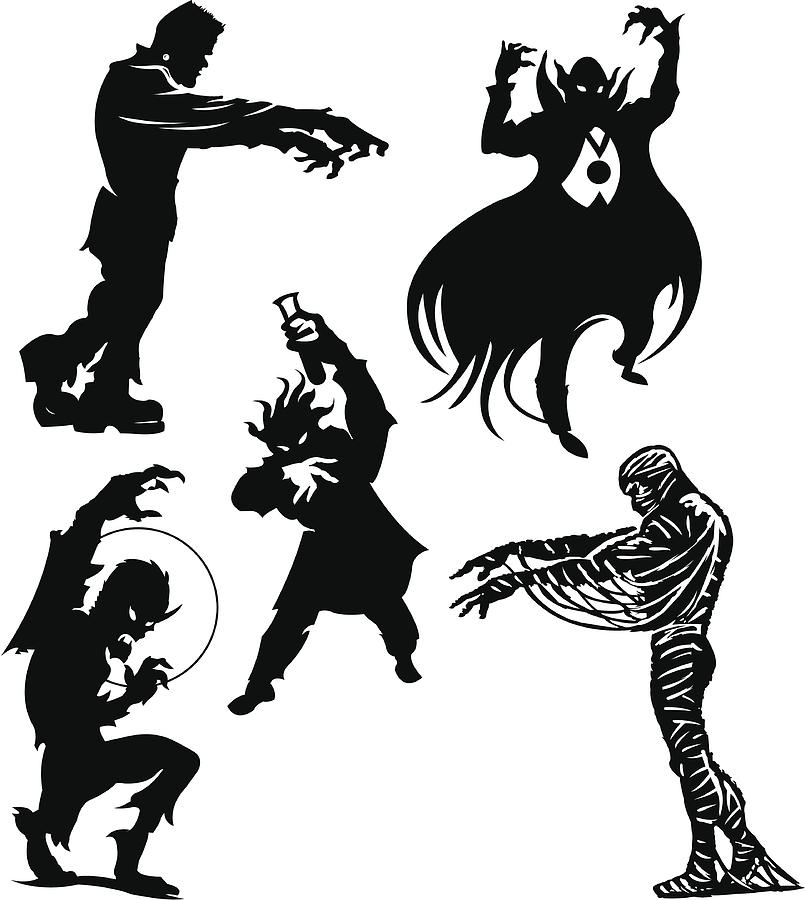 Halloween Monsters Frankenstein, Dracula, Werewolf, Mummy, Mad Scientist Drawing by KeithBishop