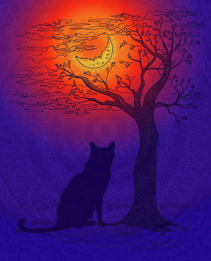 Halloween Moon Cat and Tree 2022 Digital Art by Katherine Nutt