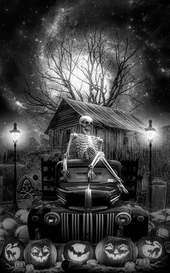 Halloween Night in the Pumpkins Black and White Digital Art by Debra and Dave Vanderlaan