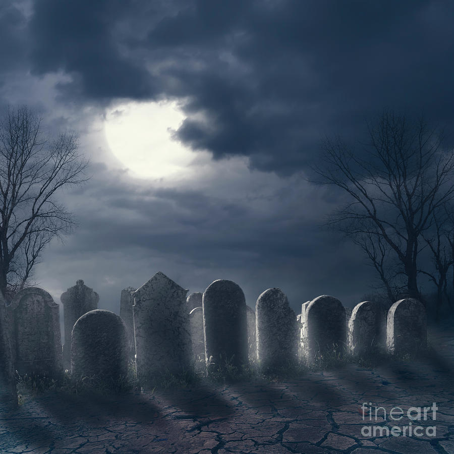 Halloween Night Scene With Graveyard And Full Moon Photograph