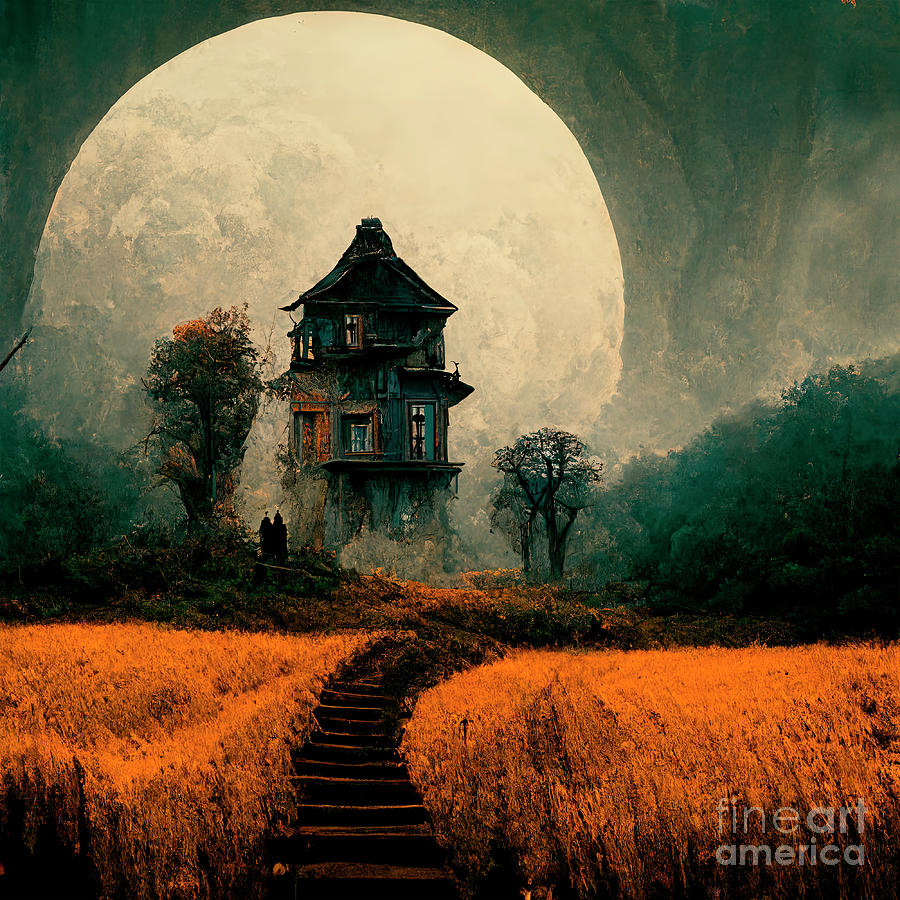 Halloween night scene with haunted house and full moon. Horror o Digital Art by Jelena Jovanovic