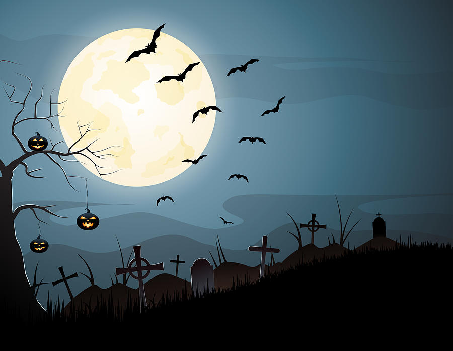 Halloween night spooky background with pumpkins and flying bats. Vector Drawing by BojanMirkovic