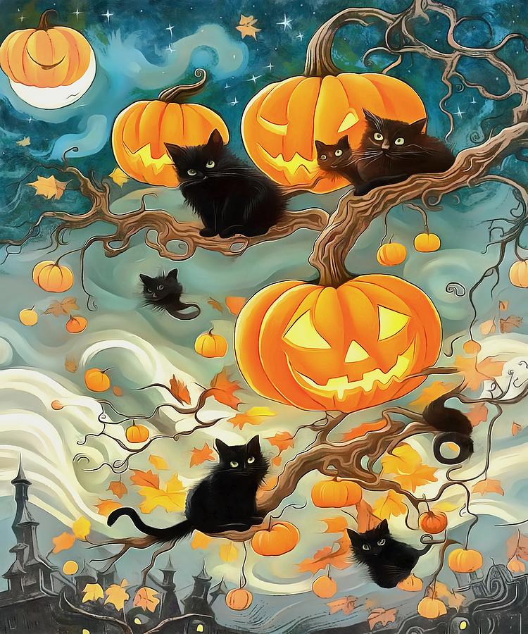 Halloween Painting - Halloween Preparation The Black Cat And Pumpkin Patch by Taiche Acrylic Art