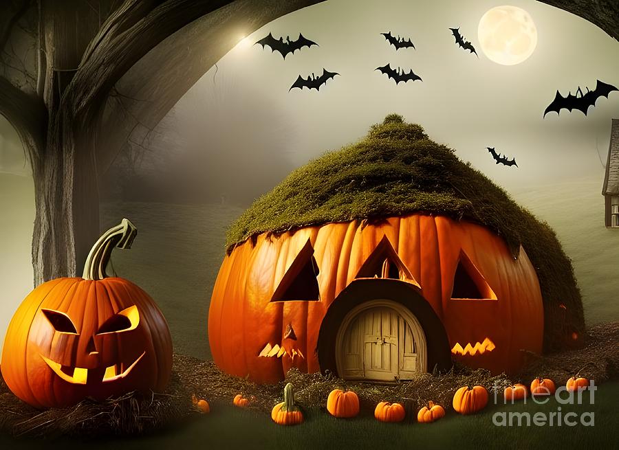 Halloween Pumpkin Cottage Digital Art by Artvizual Premium