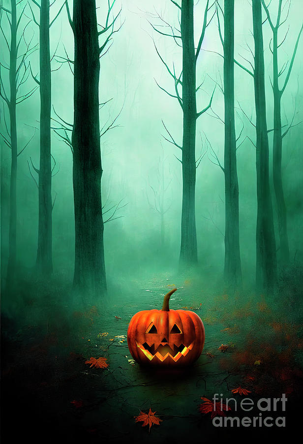Halloween pumpkin in dark deep forest at halloween night. Jack o Photograph by Jelena Jovanovic
