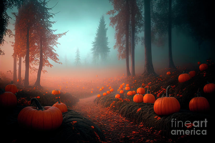 Halloween pumpkin in dark forest with haze. Scary wood on hallow Photograph by Jelena Jovanovic