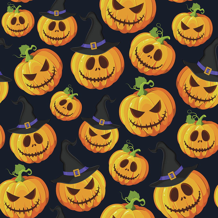 Halloween pumpkin seamless pattern on black background with witch hat ...