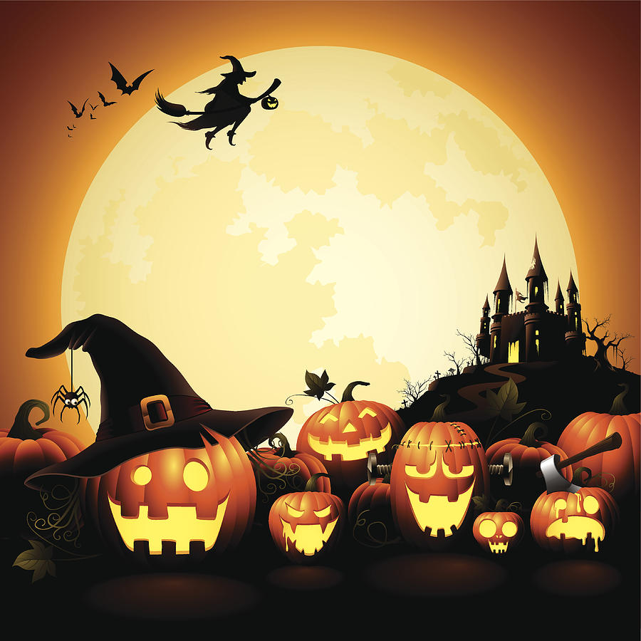Halloween Pumpkins - Haunted Castle Drawing by Nokee