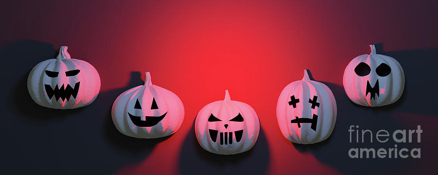 Halloween Pumpkins On Red Background. Photograph