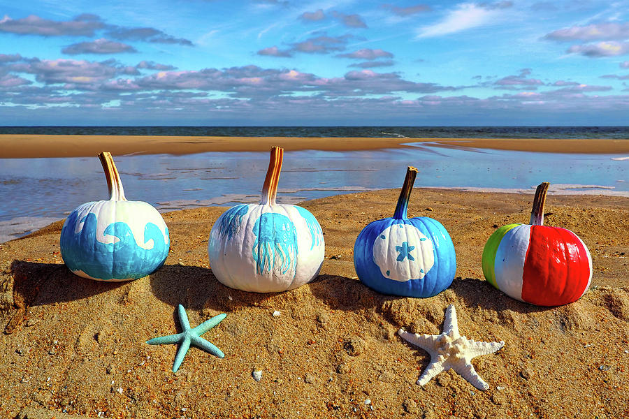 Halloween Photograph - Halloween Pumpkins on the Beach by Bill Swartwout