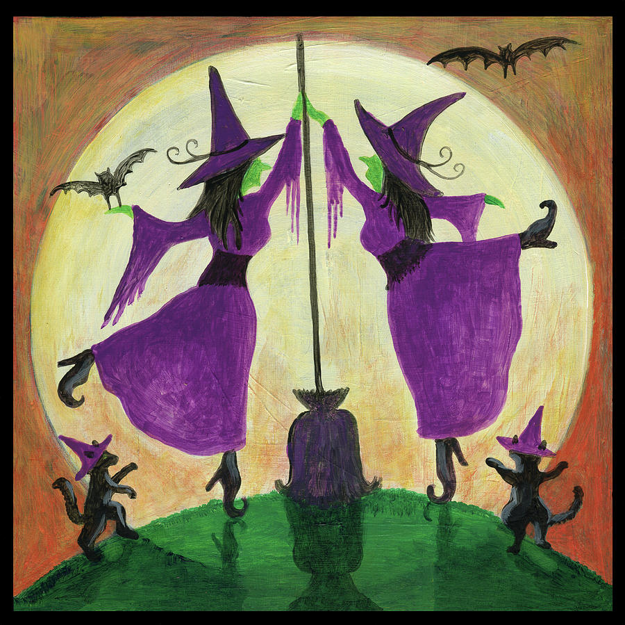 Halloween Purple Witch Black Cats Moon Dance Painting by Cheryl Bartley ...