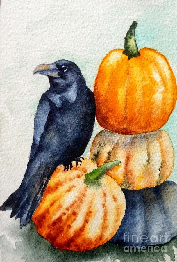 Halloween Raven Painting by Janet Cruickshank