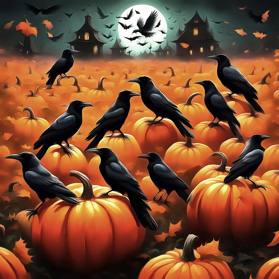 Halloween Painting - Halloween Ravens In A Haunted Pumpkin Patch by Taiche Acrylic Art