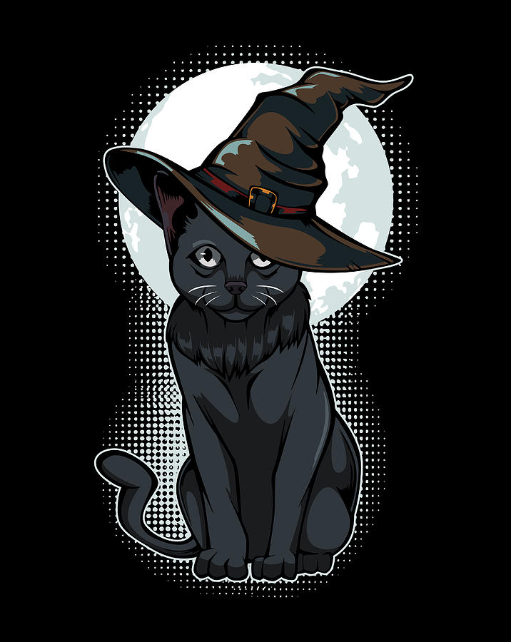 Halloween Scary Black Cat With Hat Moon Witchy Gift Idea Digital Art by