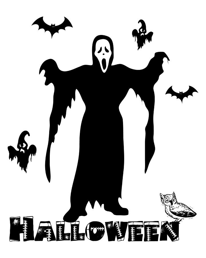 Fantasy Digital Art - Halloween Scary Death Face, Scary Ghosts And Bats Black And White Graphic Design, Halloween Party by Mounir Khalfouf