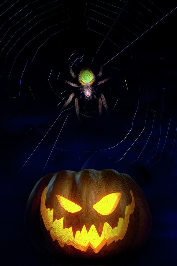 Halloween Spider and Glowing Pumpkin Photograph by Mark Andrew Thomas