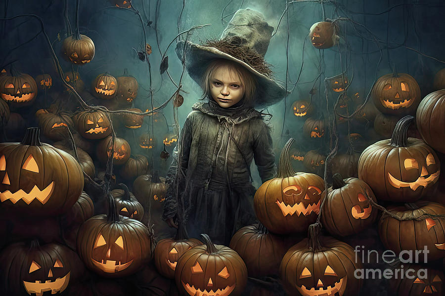 Halloween Spooky Scary Pumpkins with Child Digital Art by Vivian Krug Cotton