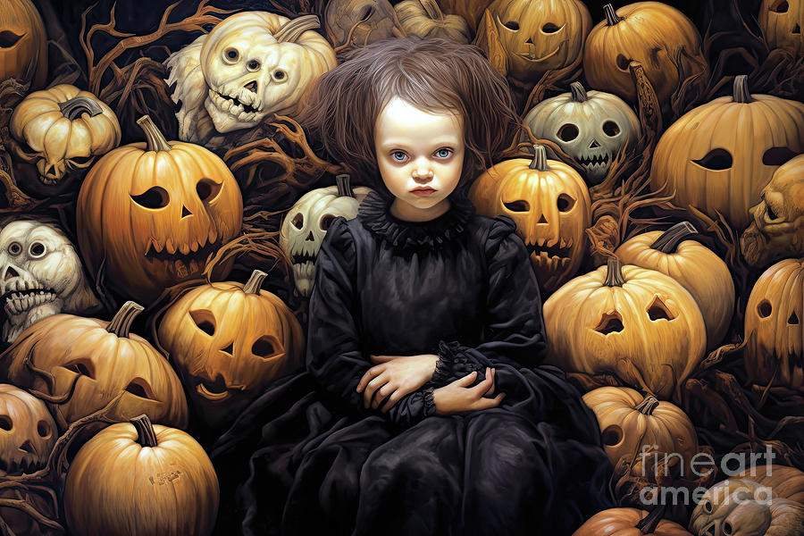 Halloween Spooky Scary Pumpkins with Girl Digital Art by Vivian Krug Cotton