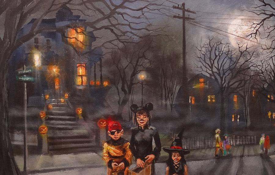 Halloween Trick-or-treat center Painting by Tom Shropshire