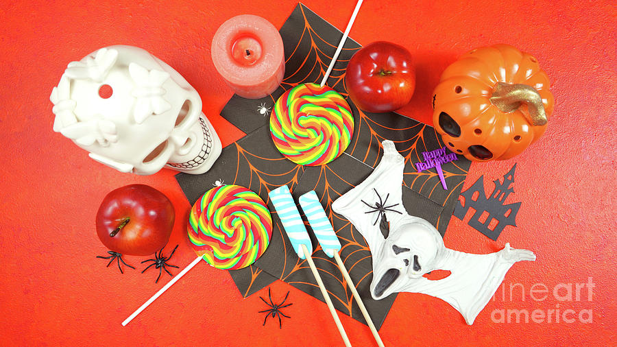Halloween Trick or Treat desktop background blog header overhead flat lay. Photograph by Milleflore Images