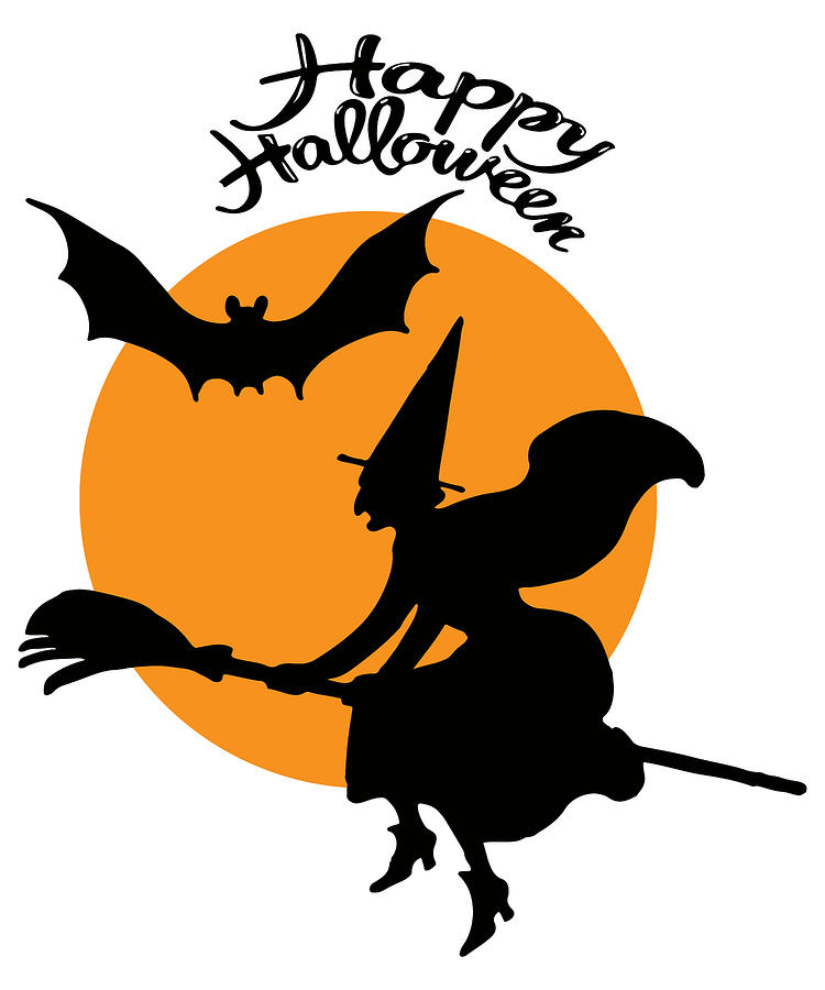 Halloween Drawing - Halloween witch on broomstick with bat and moon clipart, witch by Mounir Khalfouf