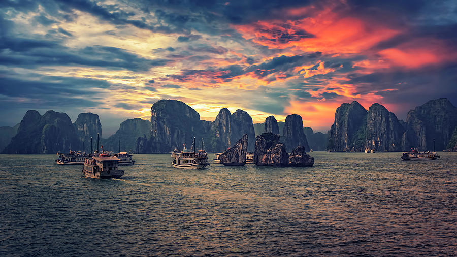 Nature Photograph - Halong Bay Sunset by Manjik Pictures