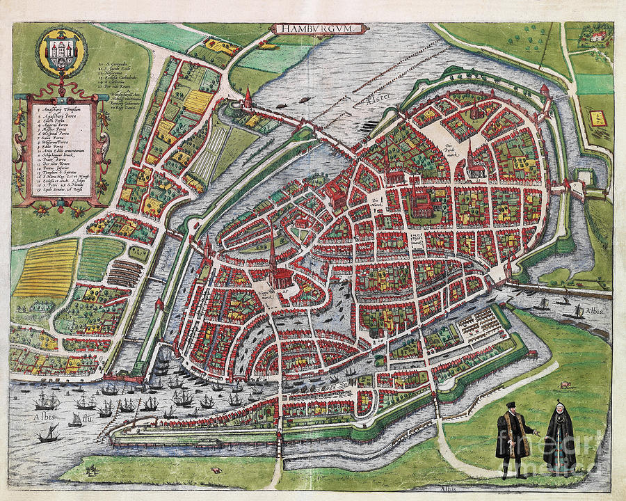Hamburg Germany Antique Map Plan Drawing