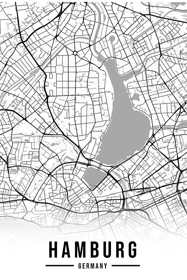 Hamburg Map Germany Black and White Aesthetic Minimalistic Digital Art ...