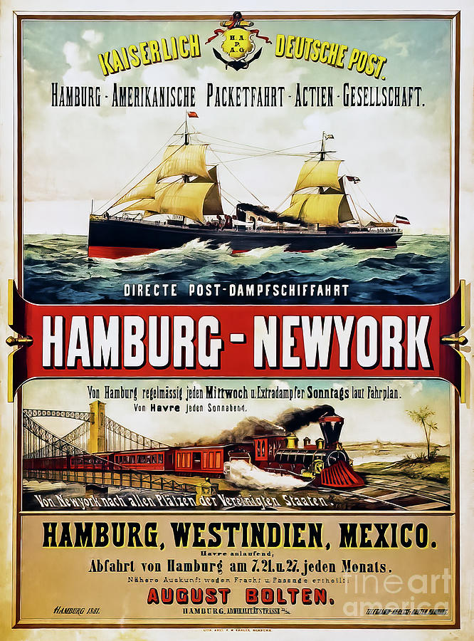 Hamburg New York Vintage Steamship Poster 1881 Drawing by M G Whittingham