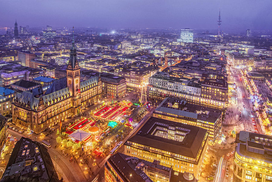 Hamburg Town Hall and Christmas Market at Night Photograph by Juergen Sack