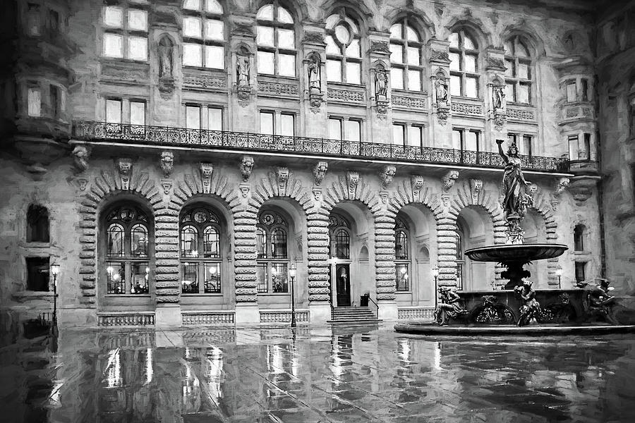 Hamburg Town Hall Courtyard and Hygieia Fountain Black and White Photograph by Carol Japp