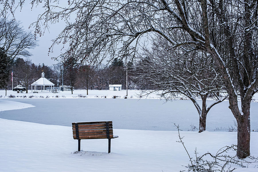 Hamilton MA Patton Park Covered in Snow Bench and Gazebo Photograph by Toby McGuire