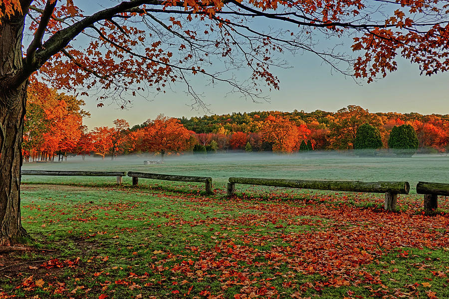 Hamilton MA Patton Park Fall Foliage Sunrise Misty Field Photograph by Toby McGuire