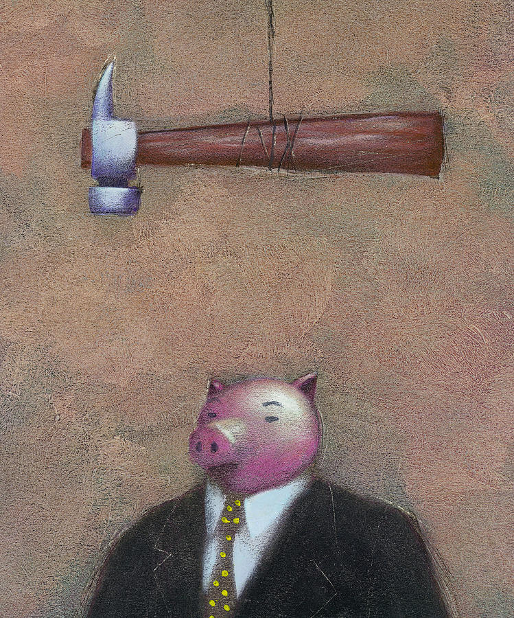 Hammer over Piggy Bank Drawing by Tim Teebken