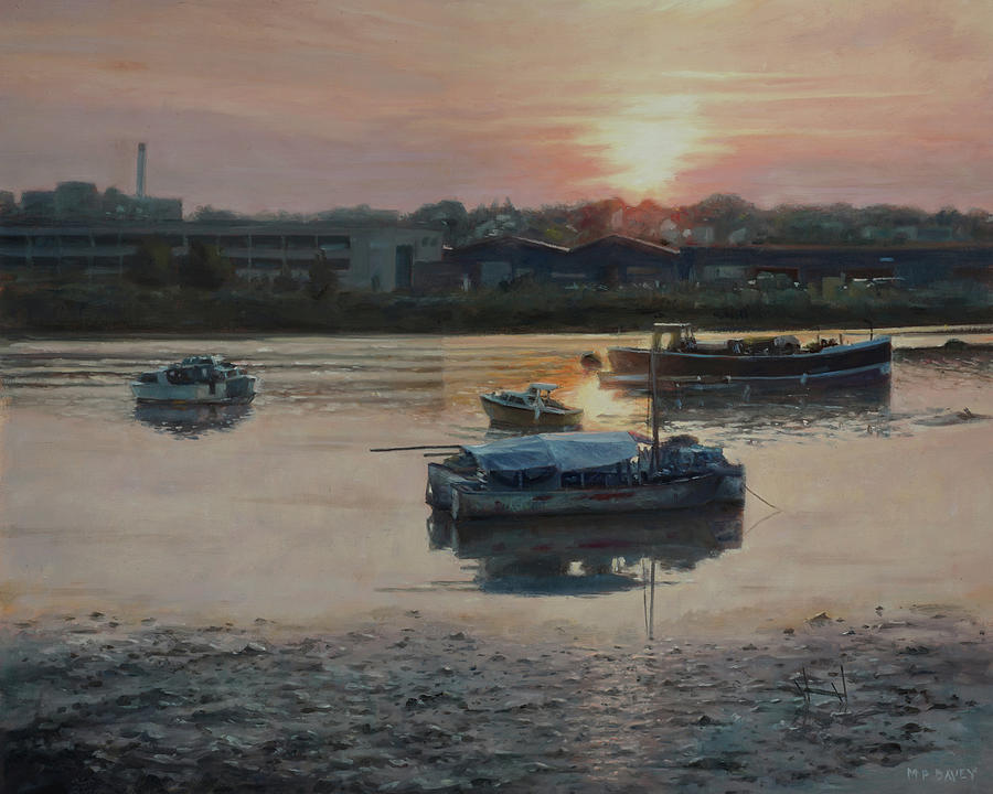 Sunset Painting - Hampshire Sunset with boats by Martin Davey