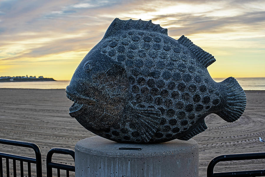 Hampton Beach Happy Fish Statue at Sunrise Hampton Beach New Hampshire Photograph by Toby McGuire