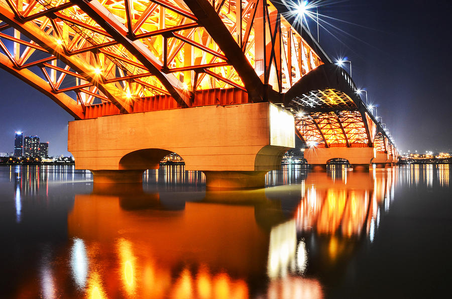 Han river Seongsan Bridge at Night in Seoul Photograph by CJNattanai