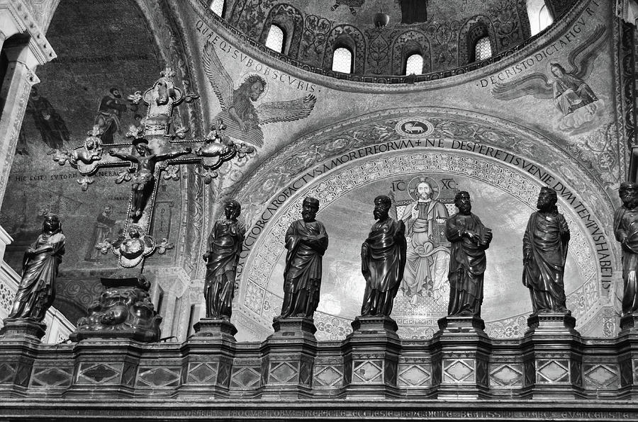 Hand Carved Icons Inside Basilica San Marco Venice Italy Black and White Photograph by Shawn OBrien