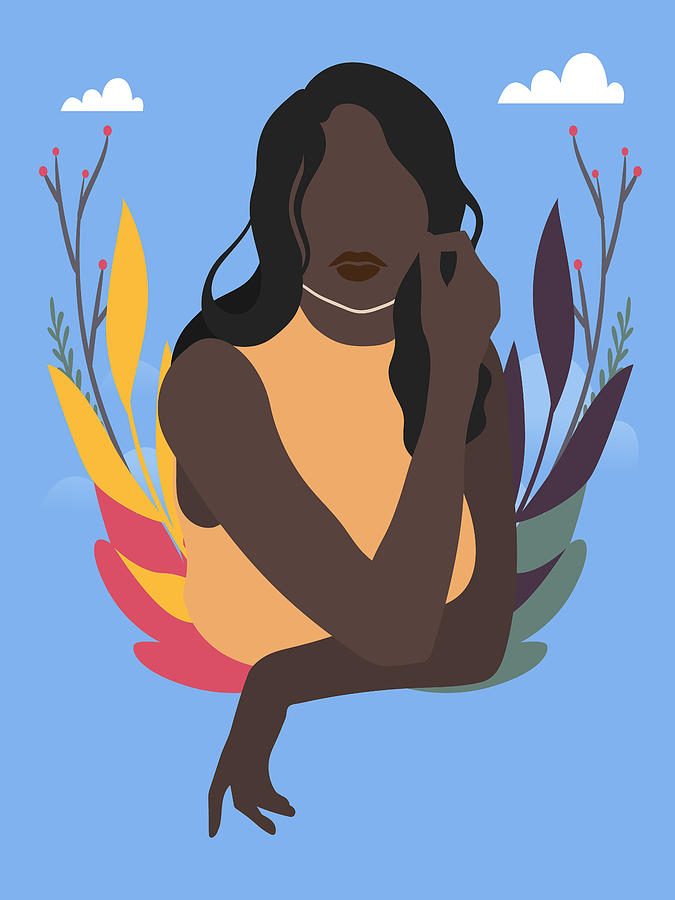 Black Women Drawing - Hand Drawn Black Awareness Day Concept Fun Minimalist Poster Floral Wreath Background, Version 3/3 by Mounir Khalfouf
