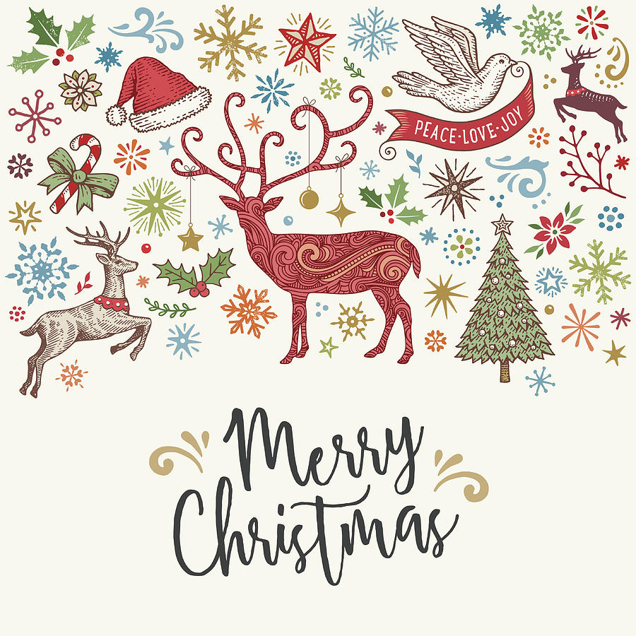 Hand Drawn Christmas Card with Reindeer Drawing by Aleksandarvelasevic