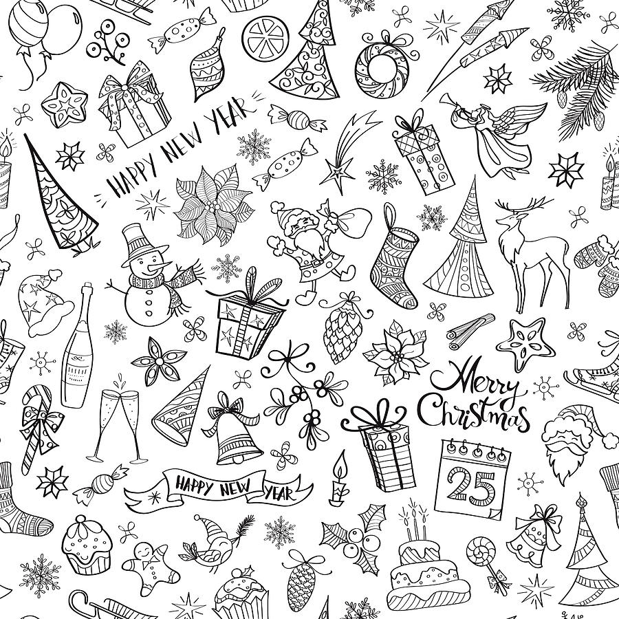 Hand drawn christmas elements seamless pattern Drawing by Ollustrator