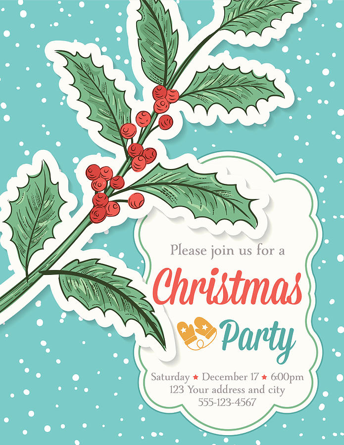 Hand Drawn Christmas Party Template With Holly And Snowflakes Drawing by Diane555